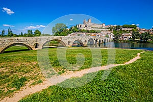 Old Bridge And Cathedral In Beziers, France