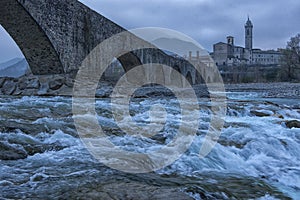 Old bridge Gobbo and Bobbio town, Italy