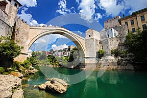 Old Bridge in Mostar with emerald river Neretva. Bosnia and Herzegovina.