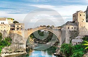 Old bridge over Neretva river in sunset, Mostar, Bosnia and Herzegovina