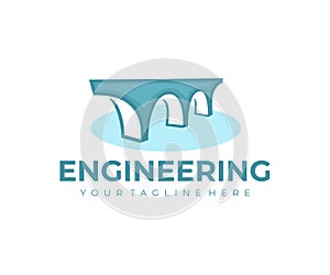 Old bridge over the river, engineering and construction, logo design. Architecture, engineering structure and river crossing, vect