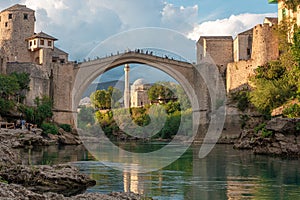 Old bridge or Stari most in medieval town Mostar in Bosnia and Herzegovina on sunset, Balkans, Europe