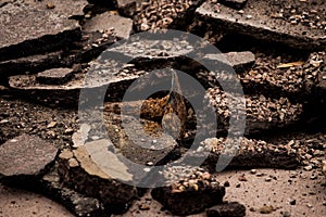 Old broken asphalt in the city. road. earthquake, quake, temblor