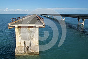 Old broken bridge and the new bridge of intracoastal highway US 1, Florida Keys, Florida, USA