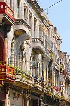 Old and broken facades of Havana. Historic city, detail of the broken facades in the historic center of Havana