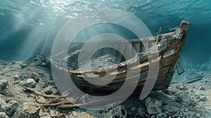 Old broken fishing boat under water, wooden abandoned boat