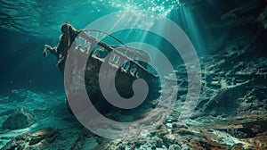 Old broken fishing boat under water, wooden abandoned boat