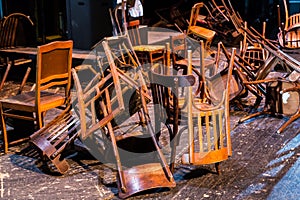 Old broken furniture. A pile of wooden wreckage of the chairs. Antiques