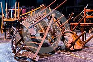 Old broken furniture. A pile of wooden wreckage of the chairs. Antiques