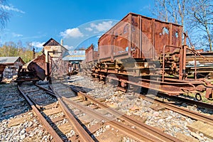 Old broken rusted train in decay, Solvayovy lomy open air museum, Svaty Jan pod Skalou, Czech republic