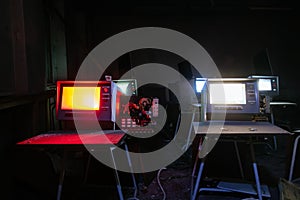 Old broken Soviet computers in abandoned computer hall