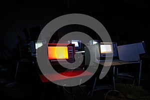 Old broken Soviet computers in abandoned computer hall