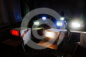 Old broken Soviet computers in abandoned computer hall