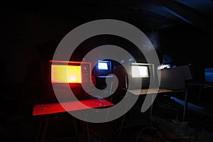 Old broken Soviet computers in abandoned computer hall