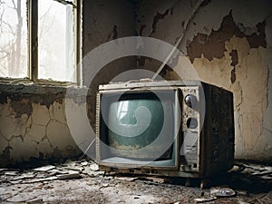 old broken tv set on the dirty floor of an abandoned house antique television under peeling paint wall
