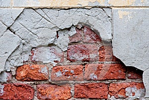 Old broken wall with visible bricks texture