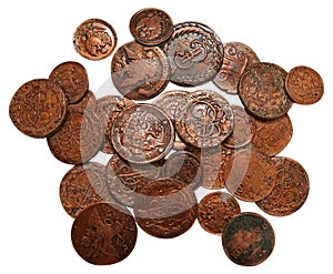 Old bronze coins of XIX century isolated