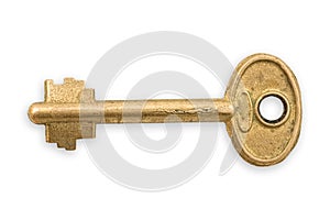 Old bronze key isolated.