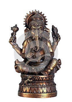 Old bronze statuette of hindu God Ganesha with book isolated on white background photo