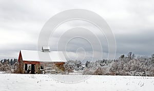 old brown barn and evergreen trees covered in freshly fallen Winter white snow