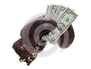 Old brown boxing glove with dollars