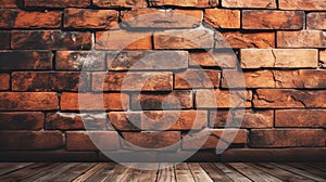 Old brown brick wall with rough textured and wooden floor, rustic and grunge style dark brick wall background. Generative AI