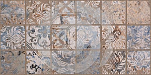 Old brown gray rusty vintage worn shabby patchwork square mosaic motif tiles stone concrete cement wall texture wallpaper