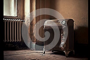 old brown heating radiator with thermostat in old room