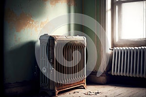 old brown heating radiator with thermostat in old room