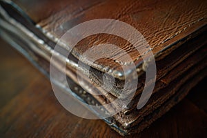 Old brown leather wallet on a wooden table, shallow depth of field