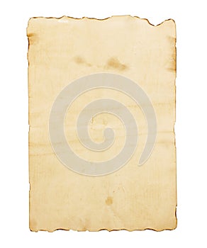 Old brown note paper isolated on white background.