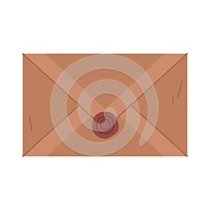 Old brown parchment paper envelope with a red wax seal with an embossed seal. Image of a postal letter in a retro or