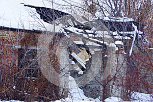 Old brown ruined brick house with empty black windows in white snow overgrown with plants and trees