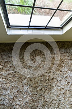 Old and brown shag carpet from a 1970's home house with a black aluminum window