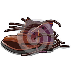 Old brown shoe with loose laces isolated on white background. The object is a repair shop for shoes. Vector cartoon