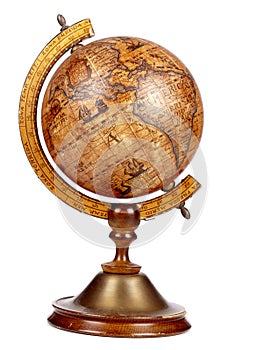 An old brown vintage globe on a small stand