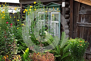Old brown wooden house with green yellow white carved window frames and flowers in front garden