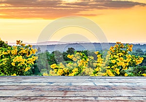 old brown wooden table Close-up of yellow flowers in the background distant mountains orange sky