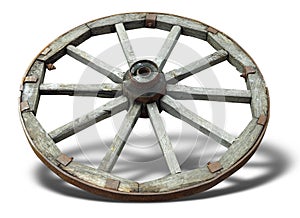 Old brown wooden wagon wheel from a cart isolated over white