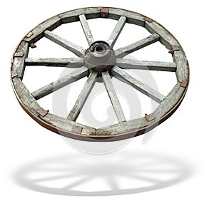 Old brown wooden wagon wheel from a cart isolated over white