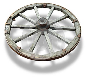 Old brown wooden wagon wheel from a cart isolated over white