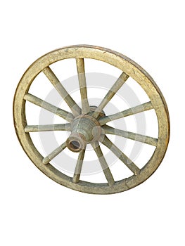 Old brown wooden wagon wheel from a cart isolated over white