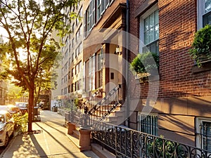 Old brownstone buildings along a quiet neighborhood street in Greenwich Village, New York City