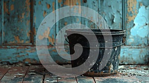 Old bucket in a weathered room with peeling blue paint