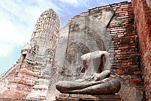 Old Buddha statue without head in the midst of ruins of the Chaiwatthanaram Temple Ayutthaya, Thailand