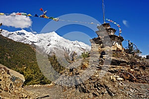 Old Buddhist Chorten Stupa Against the Backdrop of the Annapurna IV peak, Annapurna Circuit, Himalayas, Nepal