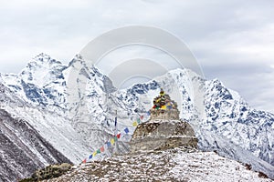 Old buddhist stupa in Deboche village. Nepal, Himalayan mountains