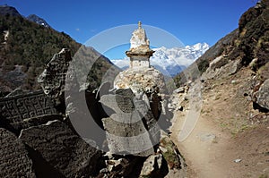 Old buddhist stupa and mani wall on the Everest trek in Himalayas mountains, Nepal