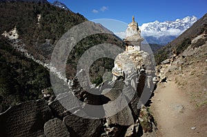 Old buddhist stupa and mani wall on the Everest trek in Himalayas mountains, Nepal