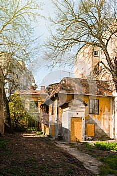 Old building with communist building in background Bucharest